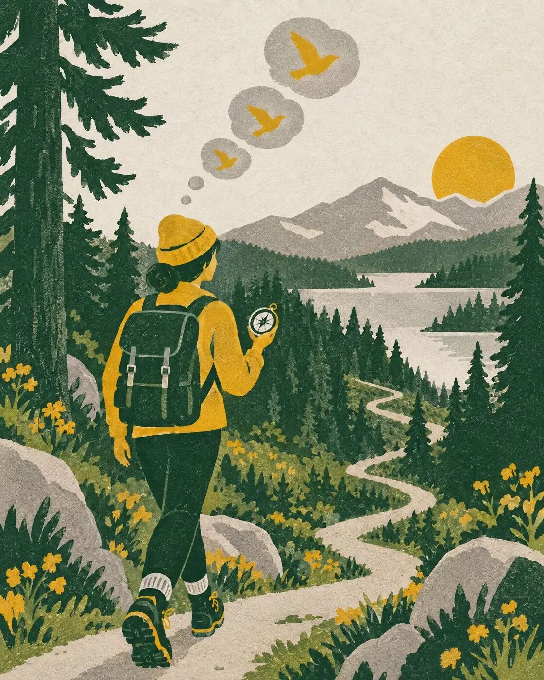 Illustration of a hiker with a backpack holding a compass on a winding forest trail, with mountains and a lake ahead